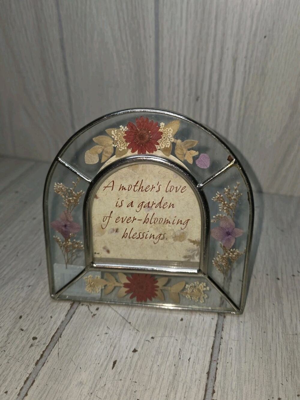 Vintage Pressed Flower Leaded Glass A Mothers Love Picture 5.5x5.5 Heritage Boho